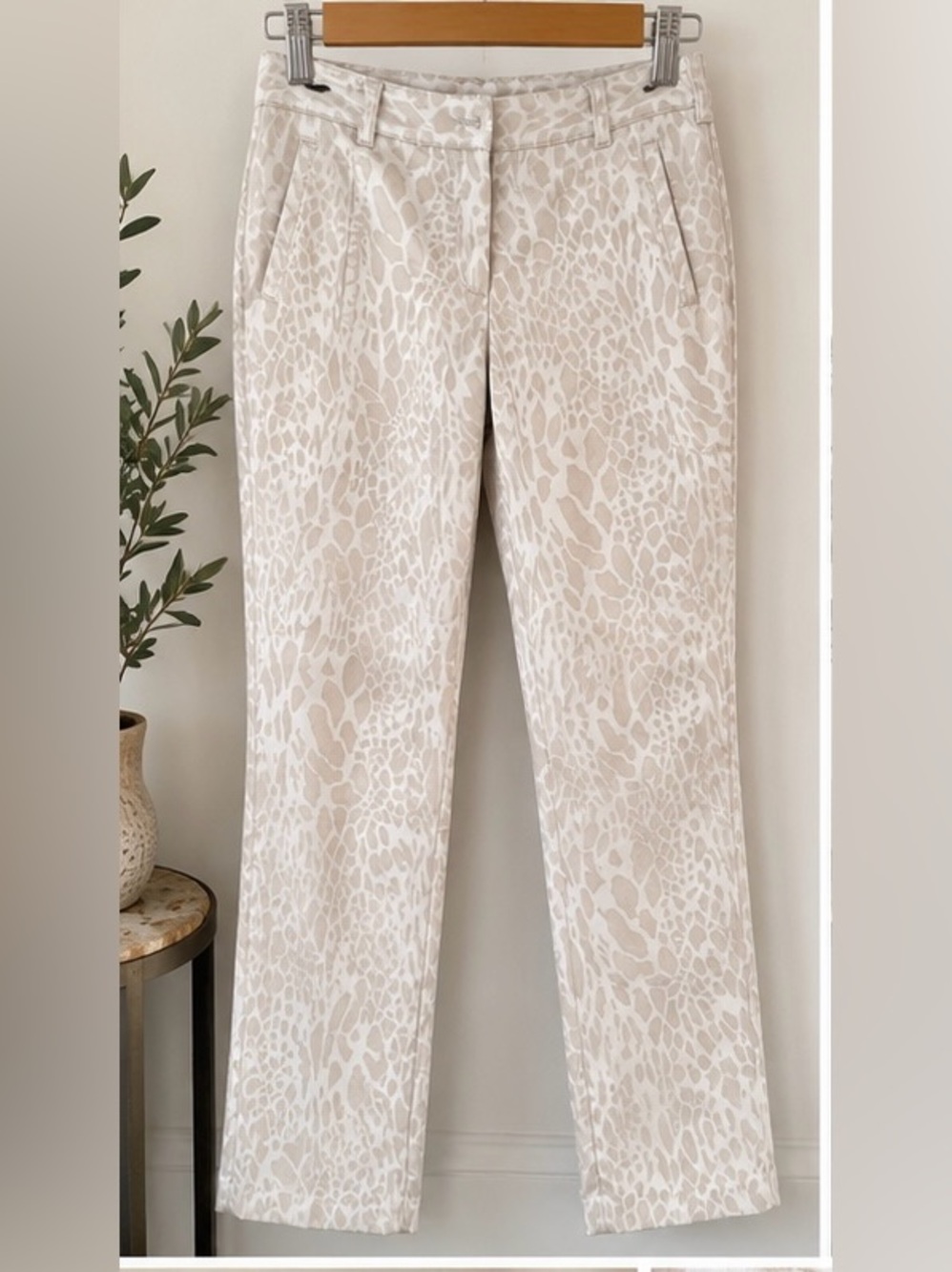 Jacob Beige & Ivory Animal-Print Straight Leg Pants - Size 8